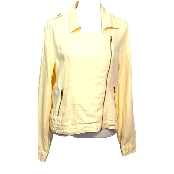 Maurices Moto Jacket M Yellow Linen Blend Asymmetric Zip Casual Lightweight - Picture 2 of 8